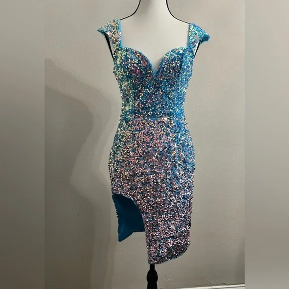 Blue V Neck Side Slit Sequin Bodycon Mini Dress - Picture 3 of 10